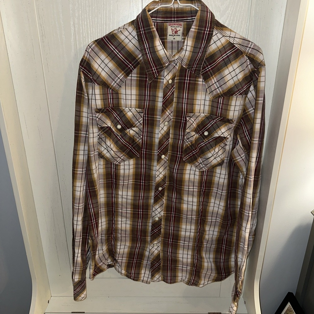True Religion Mens Snap Button Down Western Plaid Long Sleeve Shirt Size XL